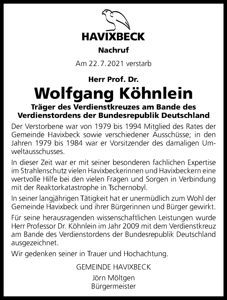  Traueranzeige für Wolfgang Köhnlein vom 31.07.2021 aus 