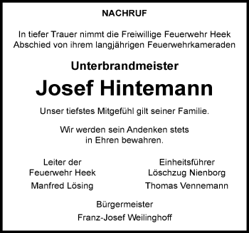 Anzeige von Josef Hintemann 