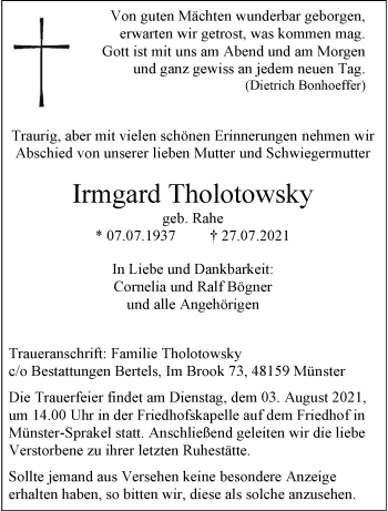Anzeige von Irmgard Tholotowsky 