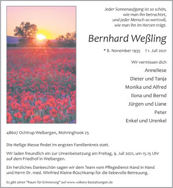 Anzeige von Weßling Bernhard 