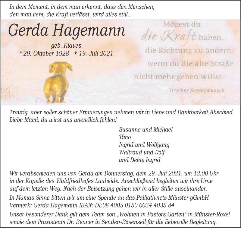  Traueranzeige für Gerda Hagemann vom 24.07.2021 aus 