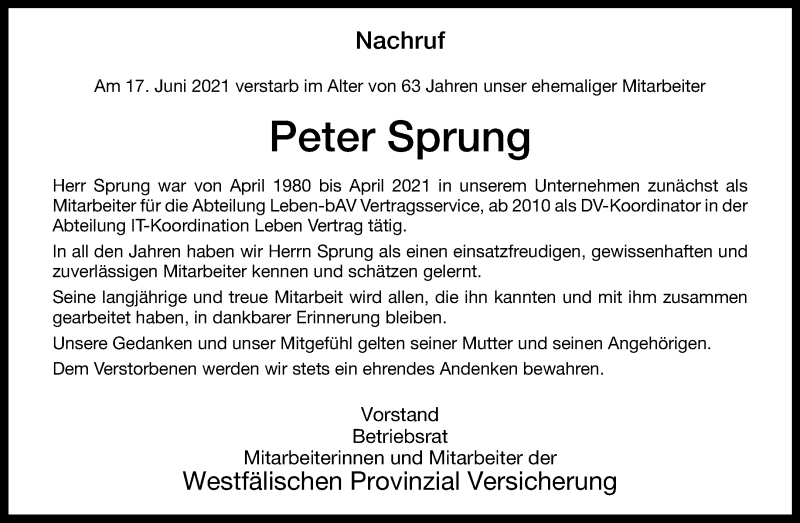  Traueranzeige für Peter Sprung vom 07.07.2021 aus 