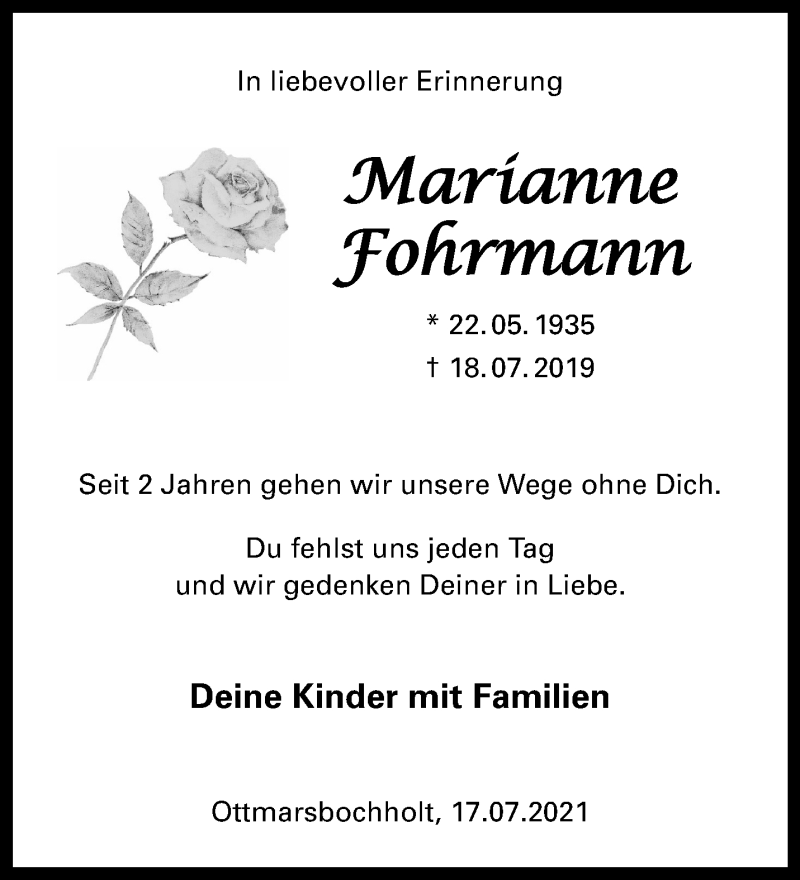  Traueranzeige für Marianne Fohrmann vom 17.07.2021 aus 