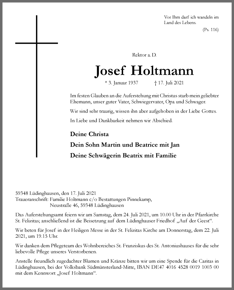  Traueranzeige für Josef Holtmann vom 20.07.2021 aus 
