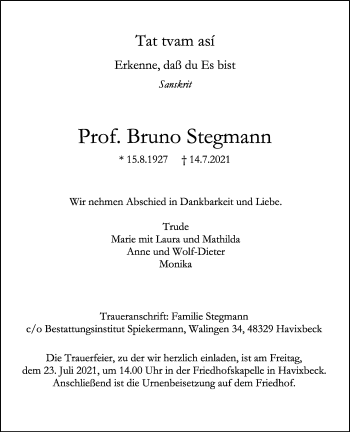 Anzeige von Bruno Stegmann 