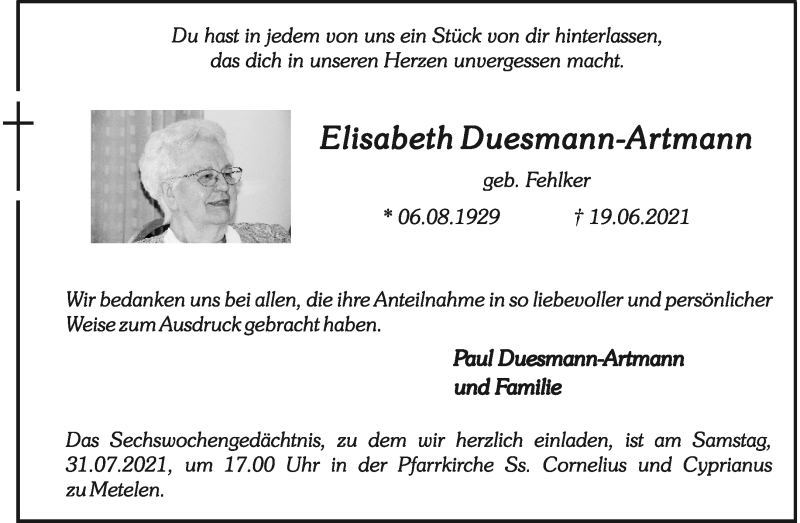  Traueranzeige für Elisabeth Duesmann-Artmann vom 27.07.2021 aus 