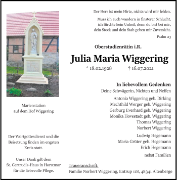 Anzeige von Julia Maria Wiggering 