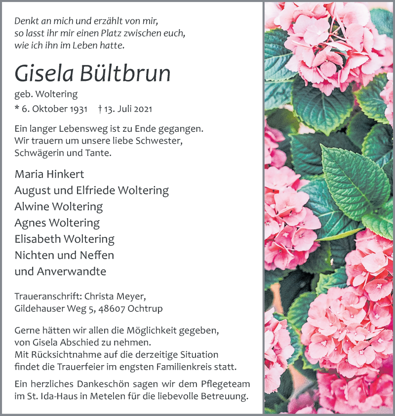  Traueranzeige für Gisela Bültbrun vom 15.07.2021 aus 
