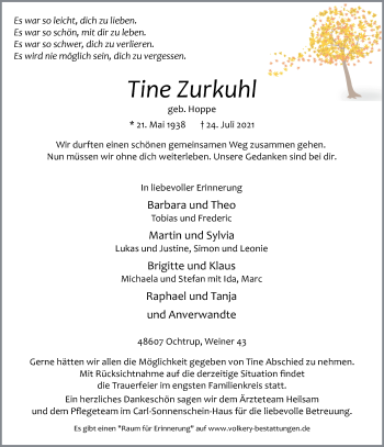 Anzeige von Tine Zurkuhl 