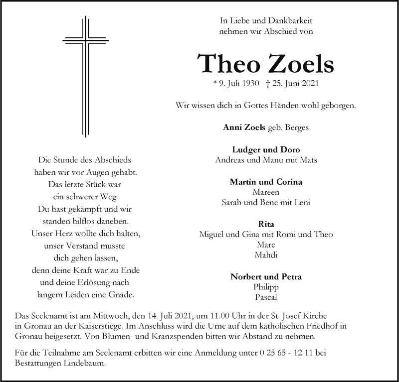  Traueranzeige für Theo Zoels vom 03.07.2021 aus 