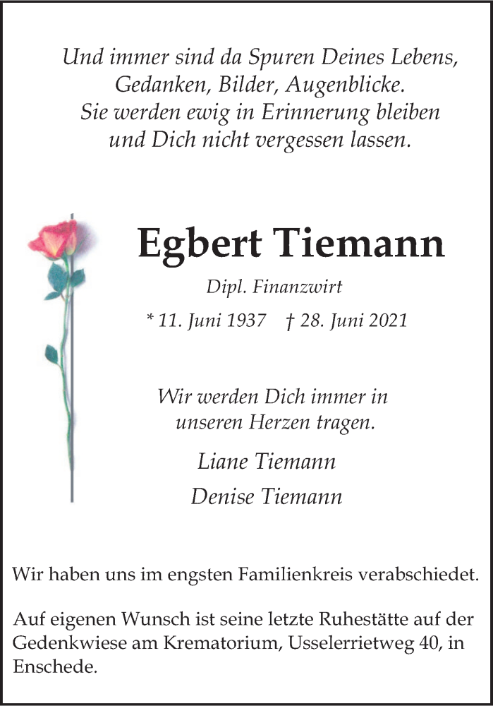  Traueranzeige für Egbert Tiemann vom 07.07.2021 aus 