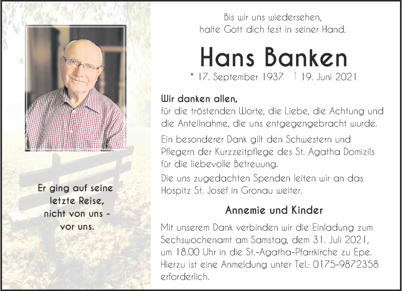  Traueranzeige für Hans Banken vom 24.07.2021 aus 
