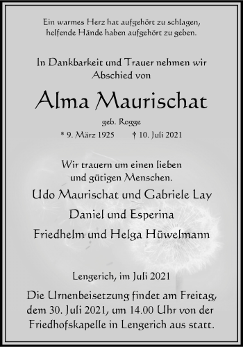 Anzeige von Alma Maurischat 