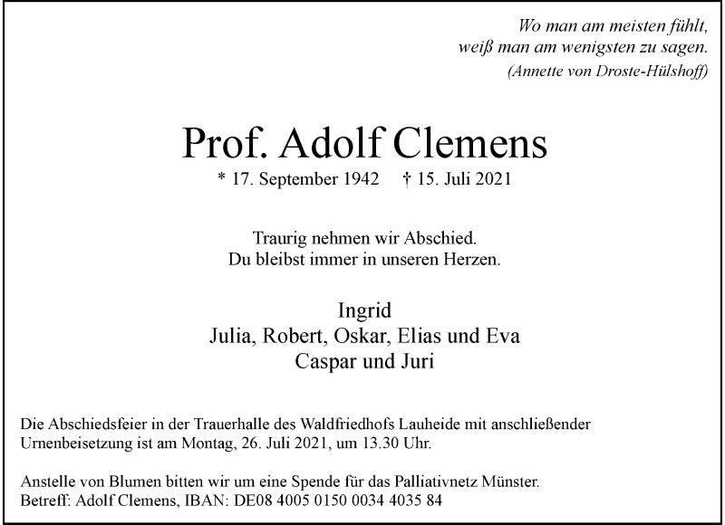  Traueranzeige für Adolf Clemens vom 24.07.2021 aus 