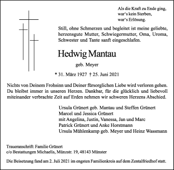 Anzeige von Hedwig Mantau 