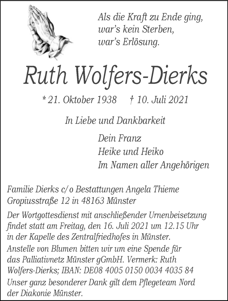  Traueranzeige für Ruth Wolfers-Dierks vom 14.07.2021 aus 