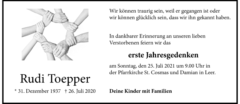  Traueranzeige für Rudi Toepper vom 17.07.2021 aus 