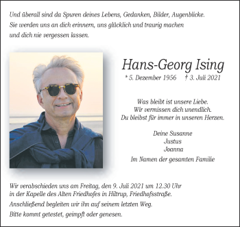 Anzeige von Hans-Georg Ising 