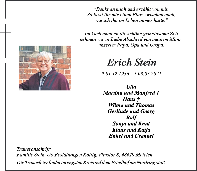  Traueranzeige für Erich Stein vom 08.07.2021 aus 