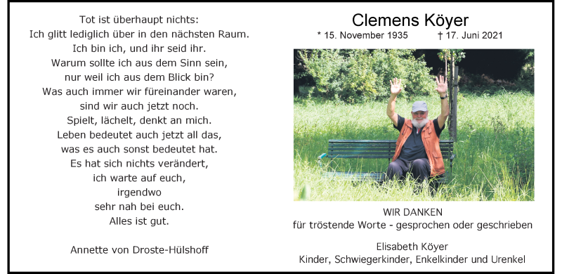  Traueranzeige für Clemens Köyer vom 31.07.2021 aus 