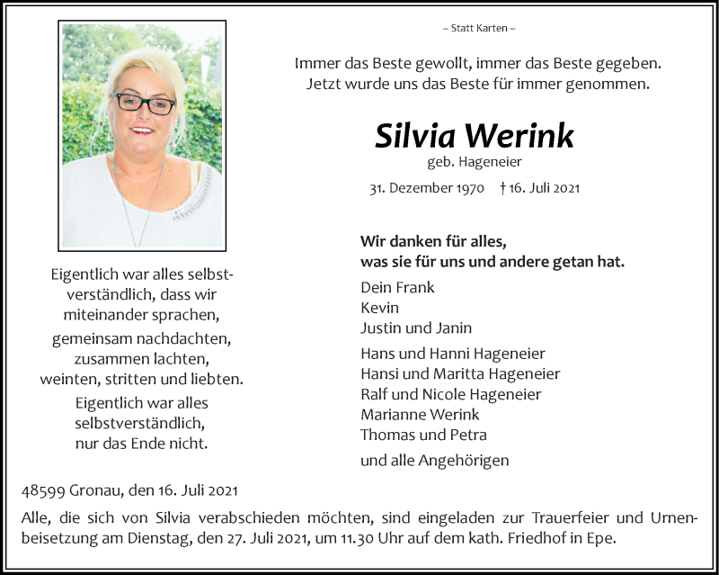 Traueranzeige für Silvia Werink vom 21.07.2021 aus 