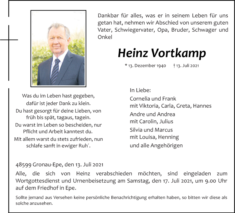  Traueranzeige für Heinz Vortkamp vom 15.07.2021 aus 