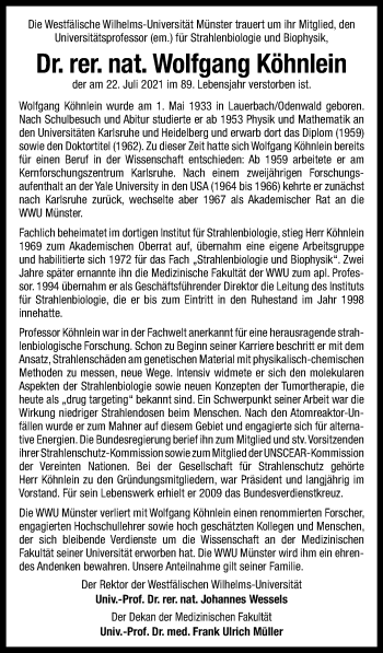 Anzeige von Wolfgang Köhnlein 