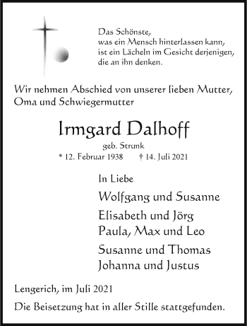 Anzeige von Irmgard Dalhoff 