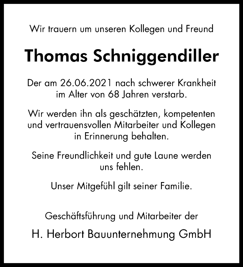  Traueranzeige für Thomas Schniggendiller vom 03.07.2021 aus 