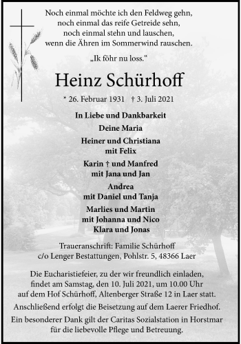 Anzeige von Heinz Schürhoff 
