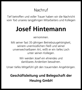 Anzeige von Josef Hintemann 