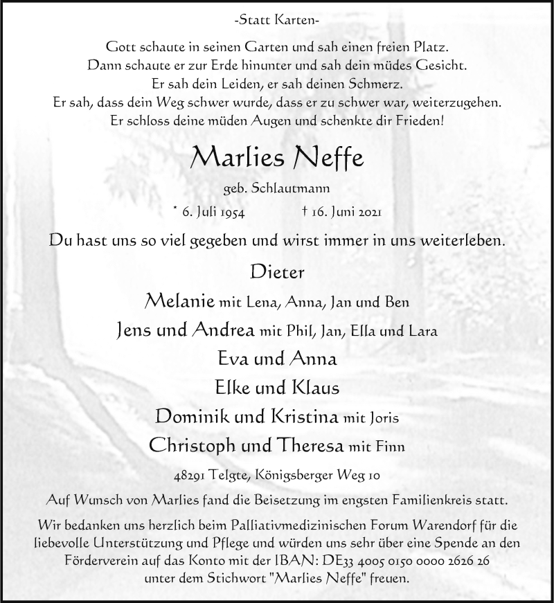  Traueranzeige für Marlies Neffe vom 03.07.2021 aus 