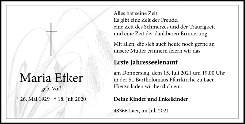  Traueranzeige für Maria Efker vom 10.07.2021 aus 