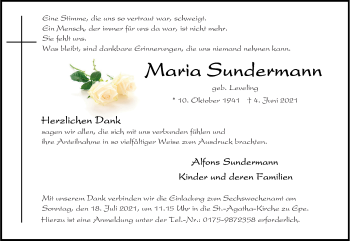 Anzeige von Maria Sundermann 