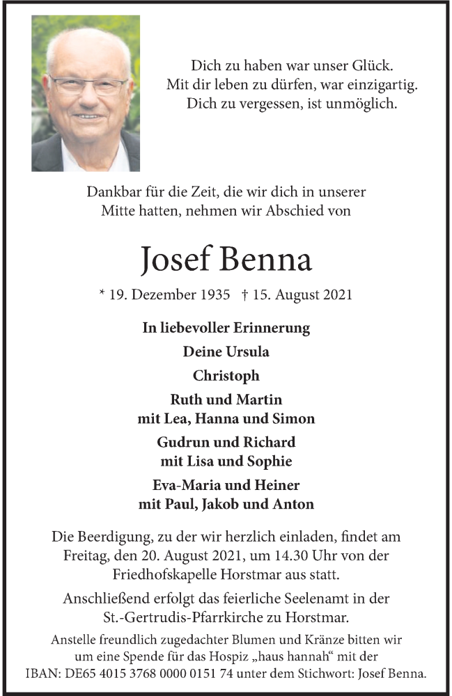  Traueranzeige für Josef Benna vom 18.08.2021 aus 