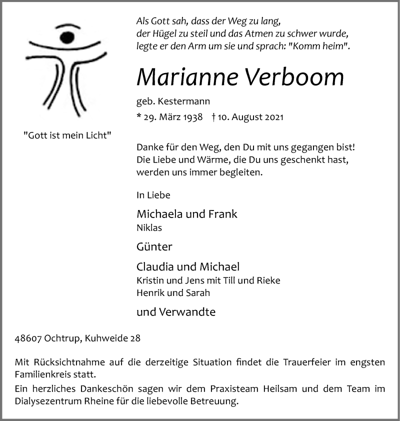  Traueranzeige für Marianne Verboom vom 13.08.2021 aus 