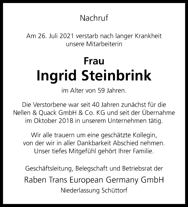  Traueranzeige für Ingrid Steinbrink vom 31.07.2021 aus 
