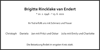 Anzeige von Brigitte Rincklage van Endert 