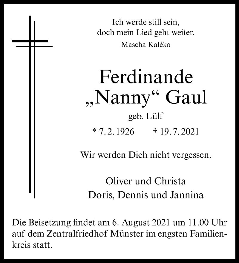  Traueranzeige für Ferdinande Gaul vom 04.08.2021 aus 
