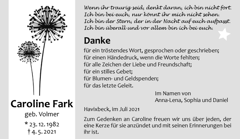  Traueranzeige für Caroline Fark vom 03.07.2021 aus 