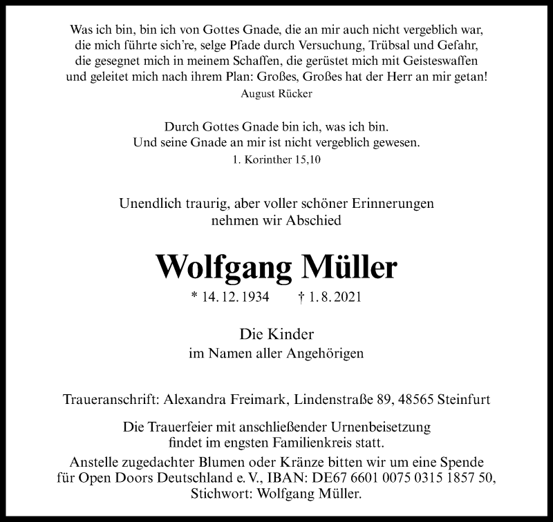 Traueranzeige für Wolfgang Müller vom 07.08.2021 aus 