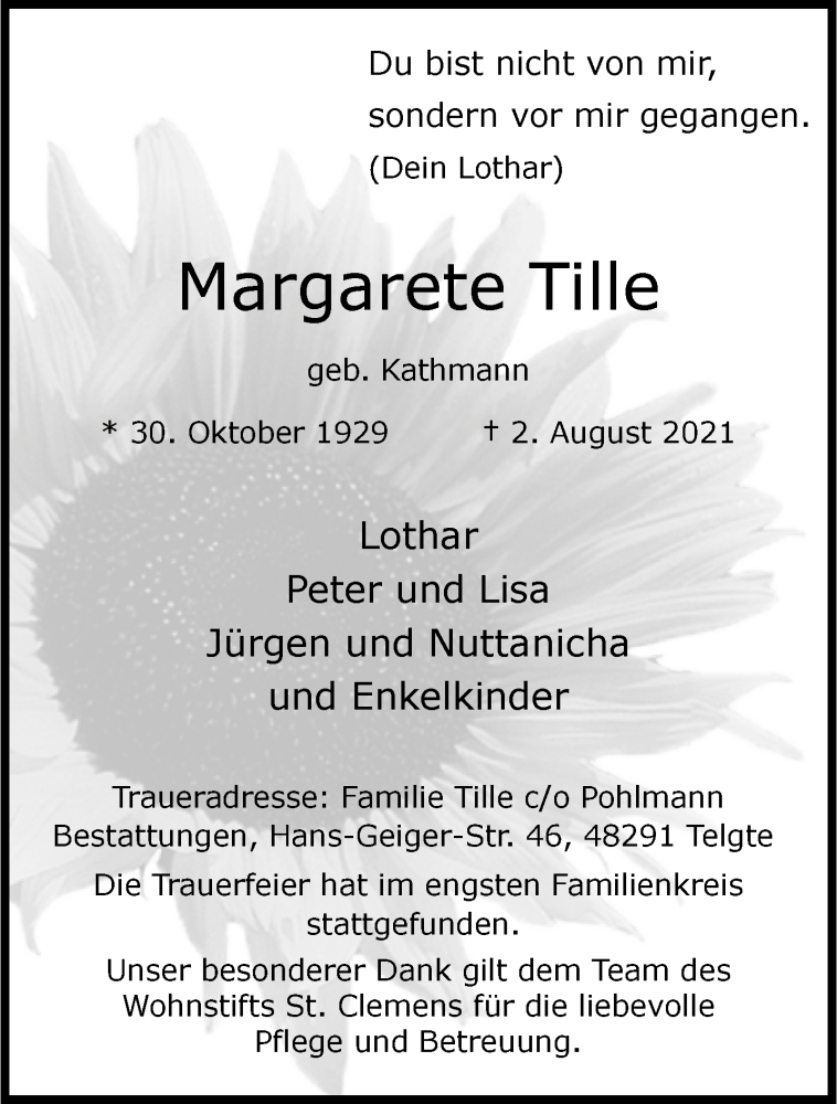  Traueranzeige für Margarete Tille vom 28.08.2021 aus 