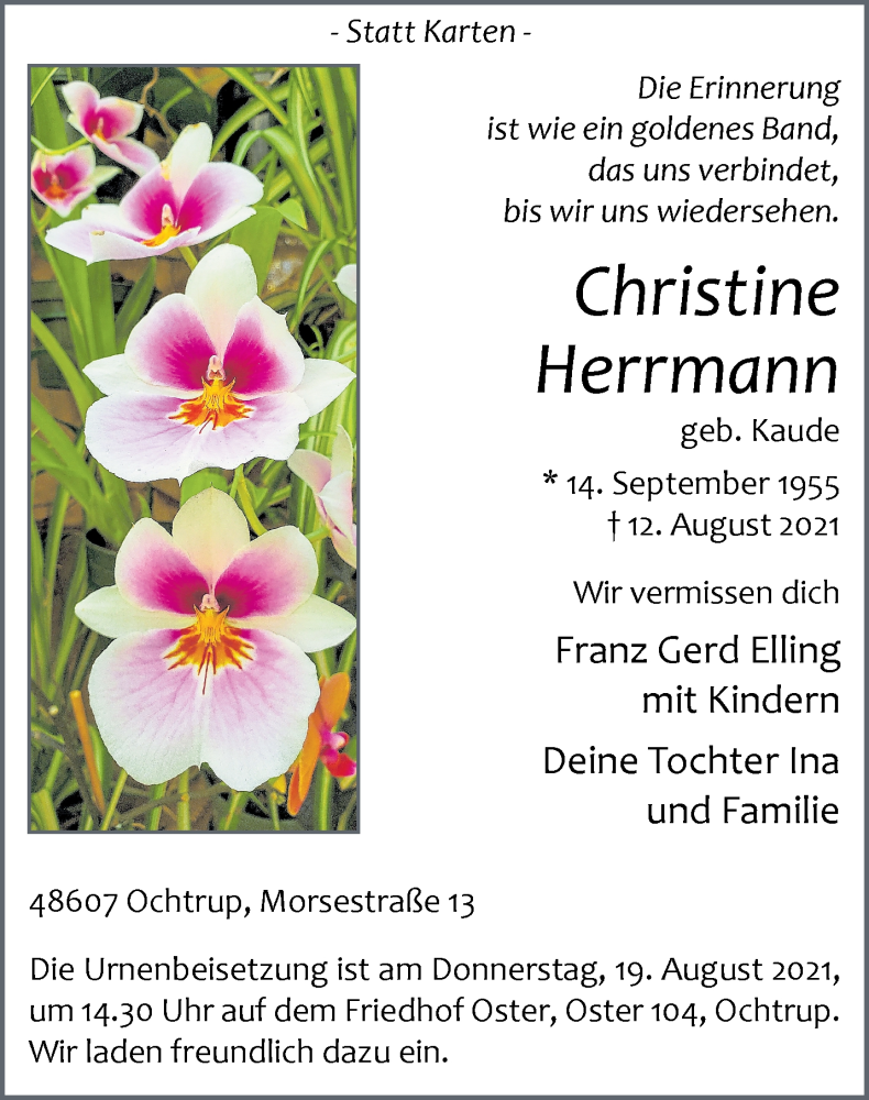  Traueranzeige für Christine Herrmann vom 16.08.2021 aus 