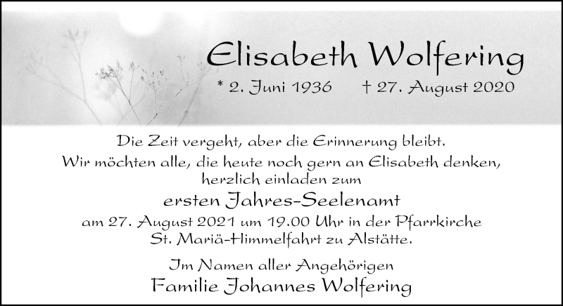  Traueranzeige für Elisabeth Wolfering vom 24.08.2021 aus 
