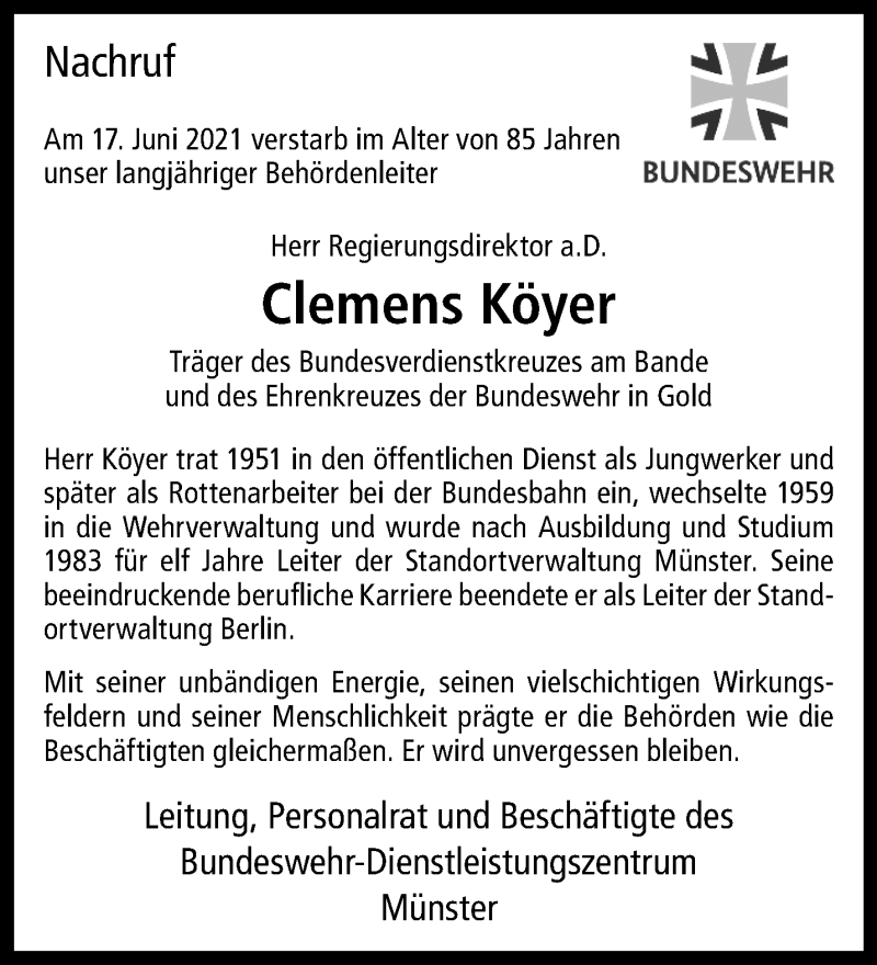  Traueranzeige für Clemens Köyer vom 02.07.2021 aus 