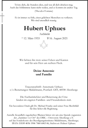 Anzeige von Hubert Uphues 