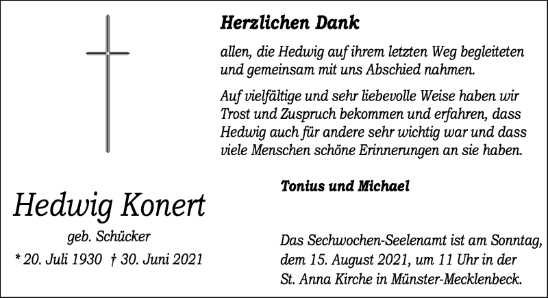  Traueranzeige für Hedwig Konert vom 07.08.2021 aus 