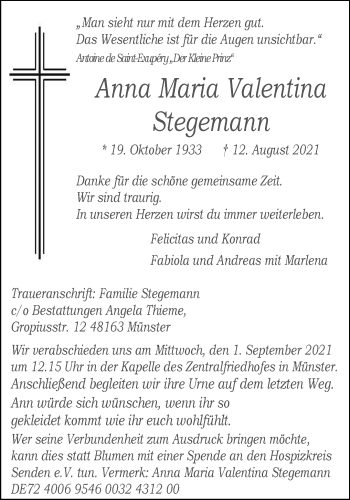 Anzeige von Anna Maria Valentina Stegemann 