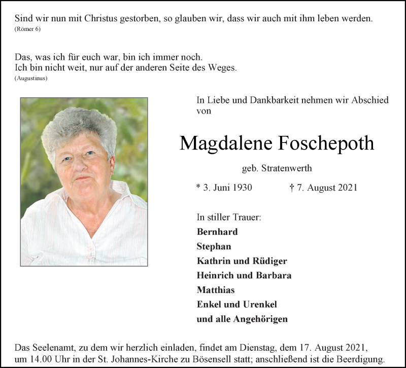  Traueranzeige für Magdalene Foschepoth vom 14.08.2021 aus 