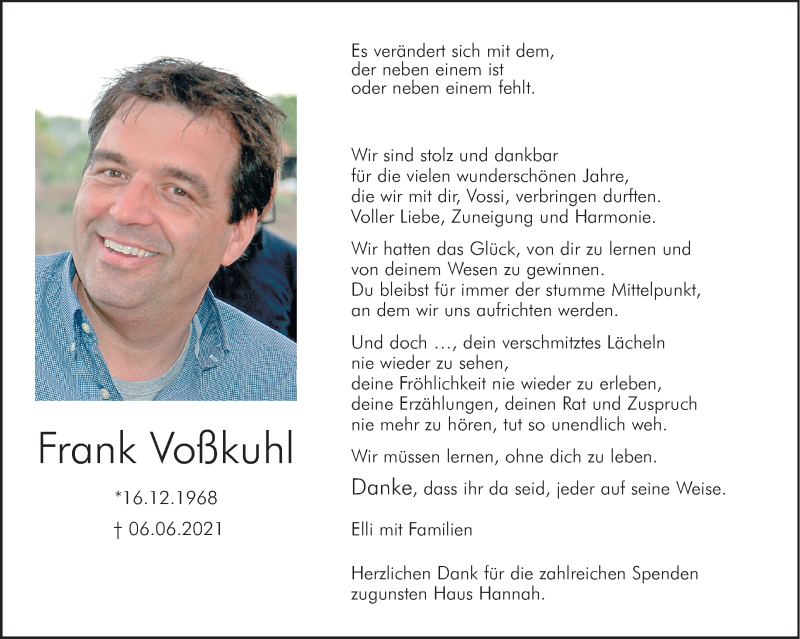  Traueranzeige für Frank Voßkuhl vom 31.07.2021 aus 
